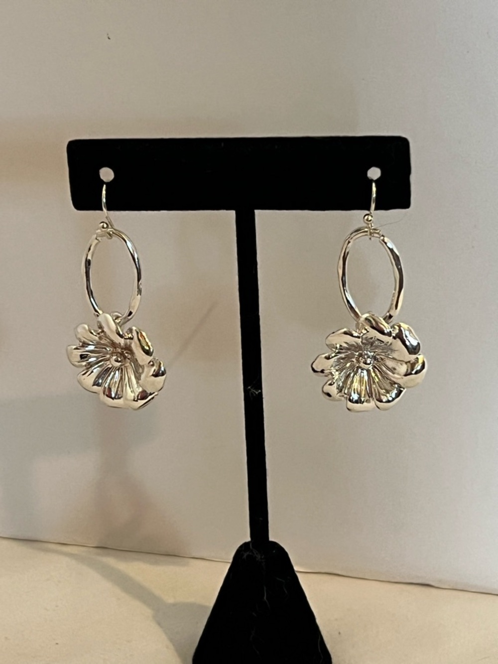 Silver Floral Hoop Drop Earrings - Silver